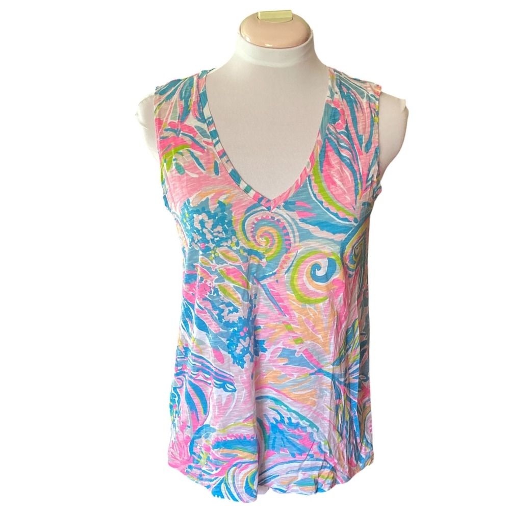 Lilly Pulitzer V-Neck Cotton Sleeveless Tank Top, XXS, Pastel Tropical ALTERED